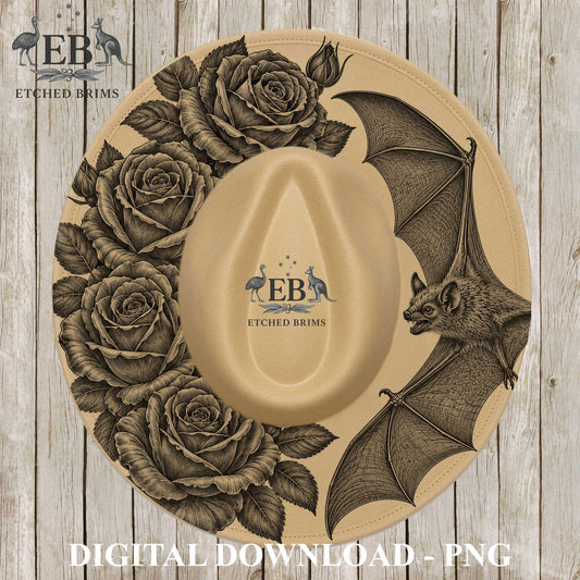 Bat & Roses Hat File, Laser Hat Burning Design, Digital Download PNG, Hat Burning Template, Hat Laser Engraving Design, Hat File EB1272
