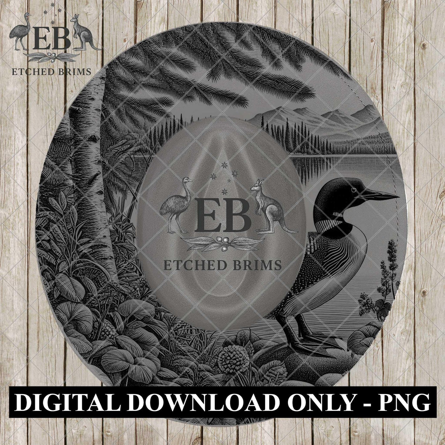 Loon Bird Lake Forest Laser Engraving Template, Wildlife Brim Design File, Hat Burning PNG Engraving Pattern, EB1209
