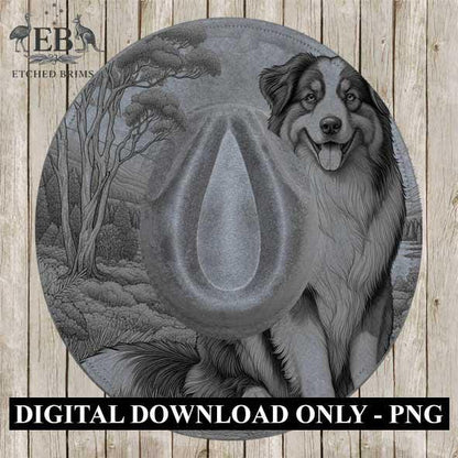 Australian Shepherd Hat Engraving Template – Dog PNG for Laser Brim Burning, Western Cowboy Brim Design, Farm Dog SVG – Digital File, EB380