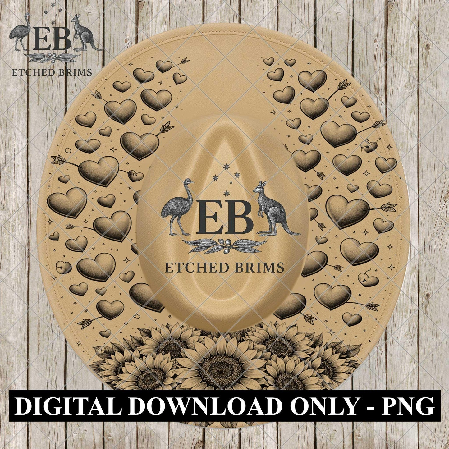 Sunflower Heart Valentine, Hat Burning Design, Digital Download PNG, Wide Brim Laser Template Design, EB1121