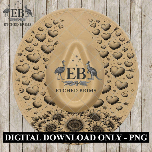 Sunflower Heart Valentine, Hat Burning Design, Digital Download PNG, Wide Brim Laser Template Design, EB1121