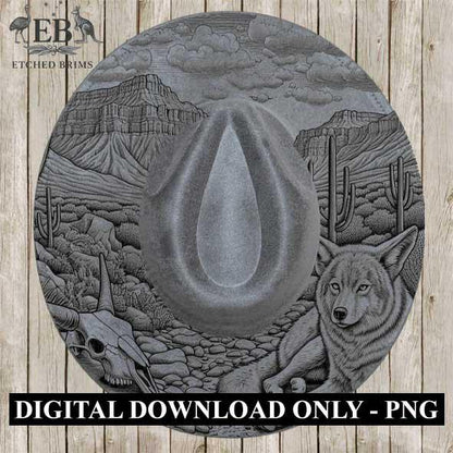 Desert Wolf 6 Engraved Hat, Western Cactus & Skull Design, Faux Suede Wide Brim Hat with Laser Burned Brim, Cowboy Style - Laser File EB76