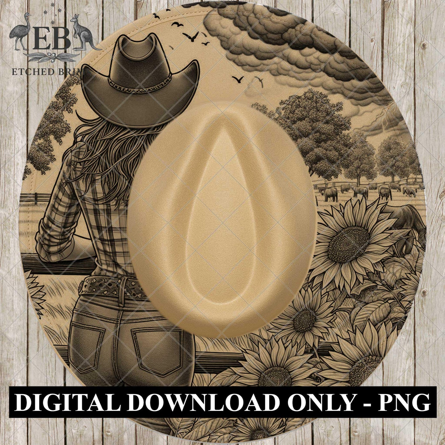Cowgirl & Sunflowers 7, Hat Burning Design, Wide Brim Hat Burning Template, Laser Hat Engraving Template, Printable Stencil, EB766
