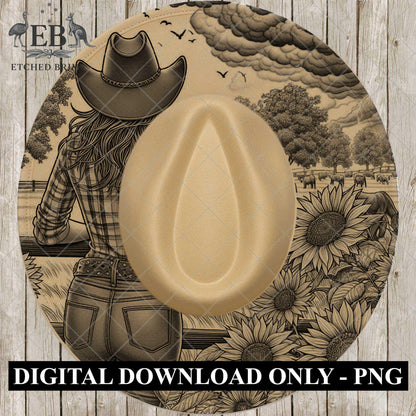 Cowgirl & Sunflowers 7, Hat Burning Design, Wide Brim Hat Burning Template, Laser Hat Engraving Template, Printable Stencil, EB766