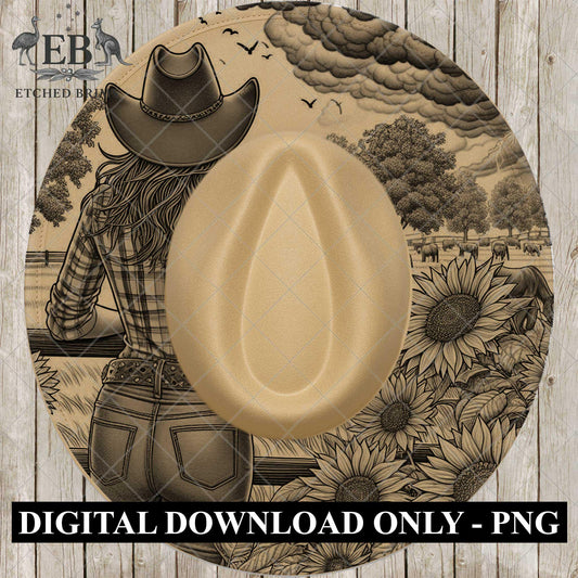 Cowgirl & Sunflowers 7, Hat Burning Design, Wide Brim Hat Burning Template, Laser Hat Engraving Template, Printable Stencil, EB766