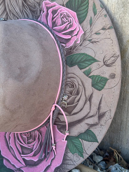 Wild Rose - EXCLUSIVE - Horse Engraved Wide Brim Hat, Vegan Suede Fedora Hat, Laser Engraved, Cowboy Hat, Burned Fedora, Cowgirl Design