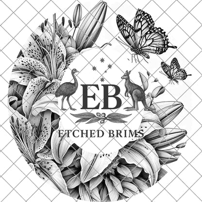 Stargazer Lillies and Butterflies, Hat Engraving, Digital Download PNG, PDF, Wide Brim Hat Design, EB1109