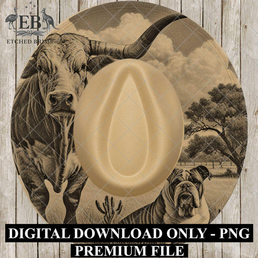 Longhorn Cow & Bulldog, Hat Burning Design, Digital Download PNG, Laser Engraving Template, Printable Stencil for Wide Brim, EB950
