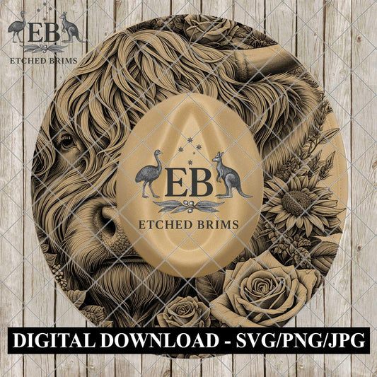 Highland Cow Floral, Hat Burning Design, Rose and Sunflowers, Laser Engraving, Wide Brim Fedora Hat, EB1139