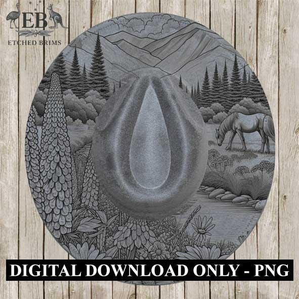 Horse & Wildflowers 8, Mountain Design, Laser Hat Burning Design, Digital Download PNG, Hat Burning Template, Wide Brim Hat File, EB366