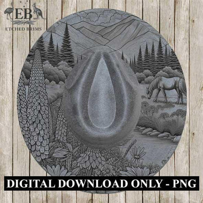 Horse & Wildflowers 8, Mountain Design, Laser Hat Burning Design, Digital Download PNG, Hat Burning Template, Wide Brim Hat File, EB366