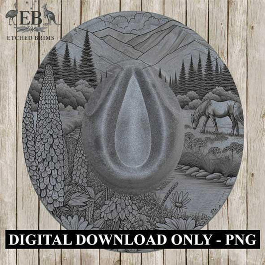 Horse & Wildflowers 8, Mountain Design, Laser Hat Burning Design, Digital Download PNG, Hat Burning Template, Wide Brim Hat File, EB366