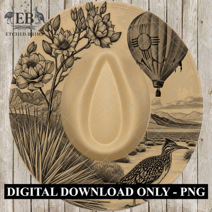 New Mexico Hat Burning Design, Roadrunner Yucca Plant Hot Air Balloon and Zia Symbol, Wide Brim Laser Hat Template, EB972