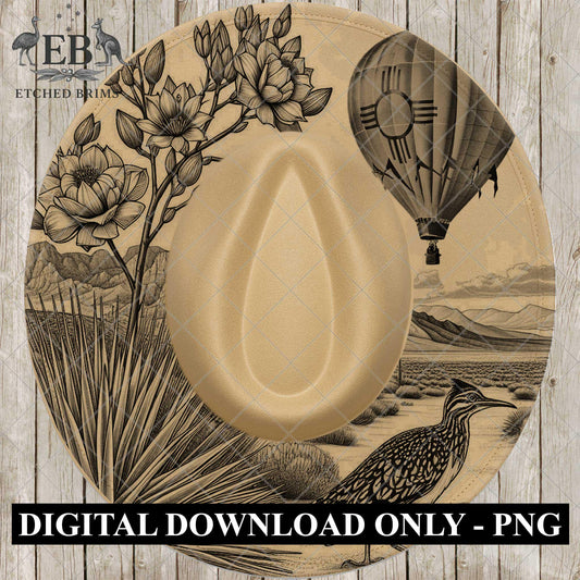 New Mexico Hat Burning Design, Roadrunner Yucca Plant Hot Air Balloon and Zia Symbol, Wide Brim Laser Hat Template, EB972