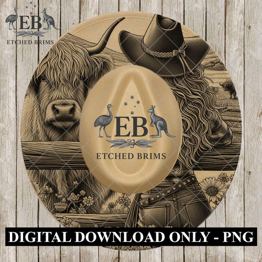 Highland Cow and Cowgirl, Hat Laser Engraving Template (Digital Download), Wide Brim Design, EB1092