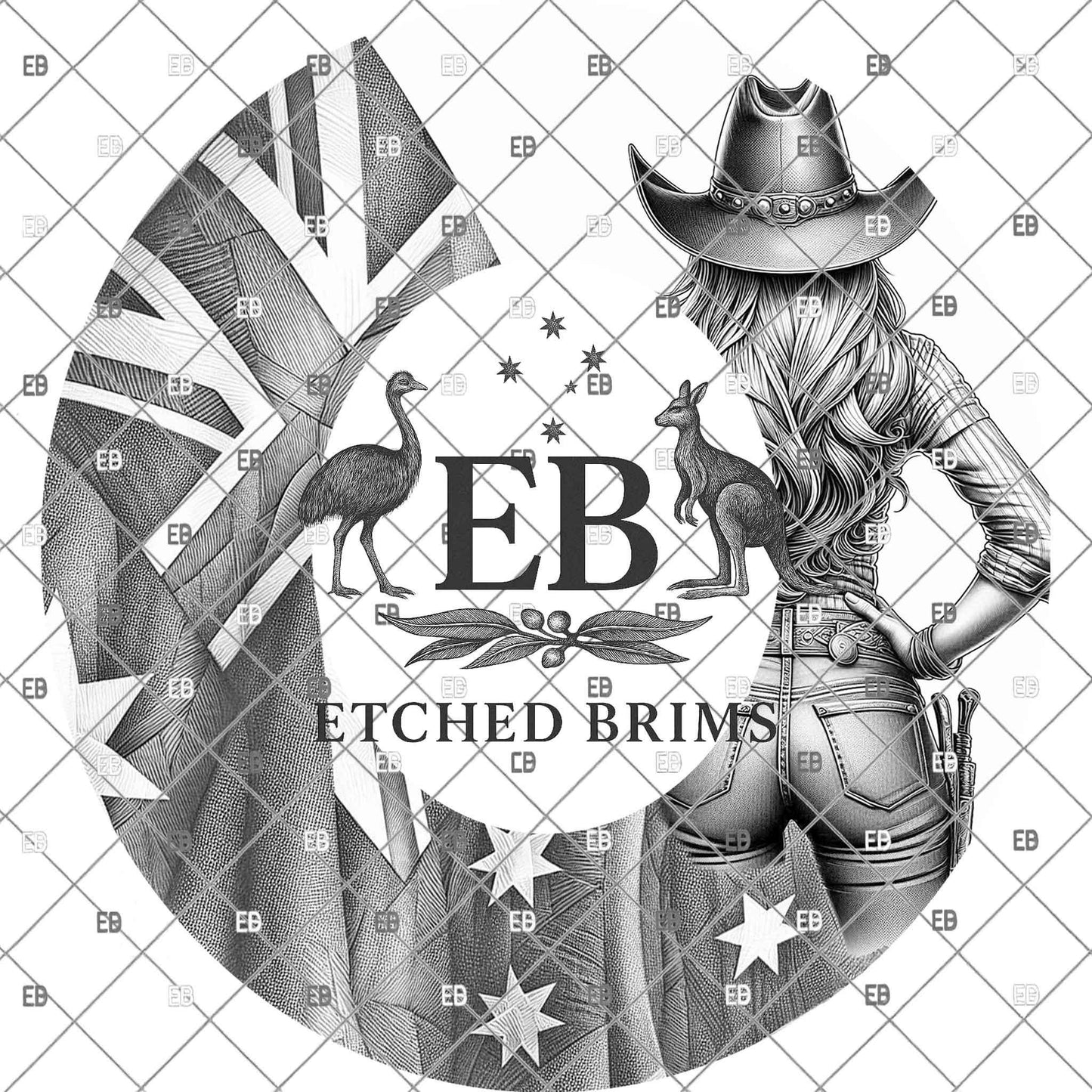 Australian Flag and Cowgirl, Hat Burning Design, Patriotic Hand Burning Stencil, PDF & PNG, Template, Laser Engraving File, EB1151