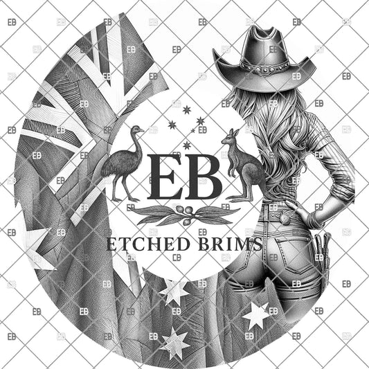 Australian Flag and Cowgirl, Hat Burning Design, Patriotic Hand Burning Stencil, PDF & PNG, Template, Laser Engraving File, EB1151