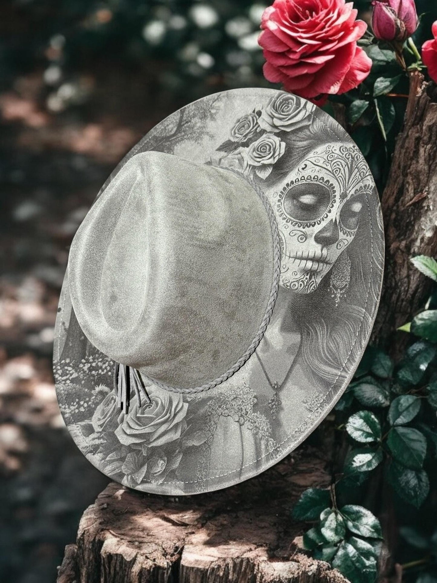 Eternal Bloom Engraved Hat – Sugar Skull & Floral Boho Design, Hand-Burned Brim, Western Boho Hat, Unique Festival Fashion