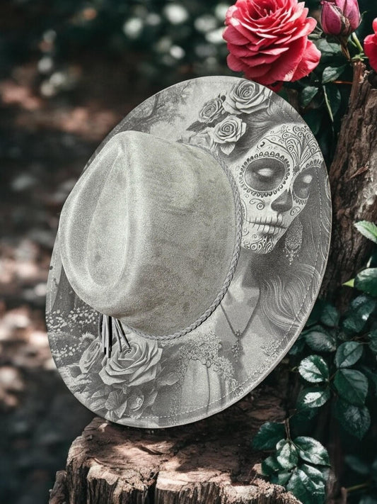 Eternal Bloom Engraved Hat – Sugar Skull & Floral Boho Design, Hand-Burned Brim, Western Boho Hat, Unique Festival Fashion