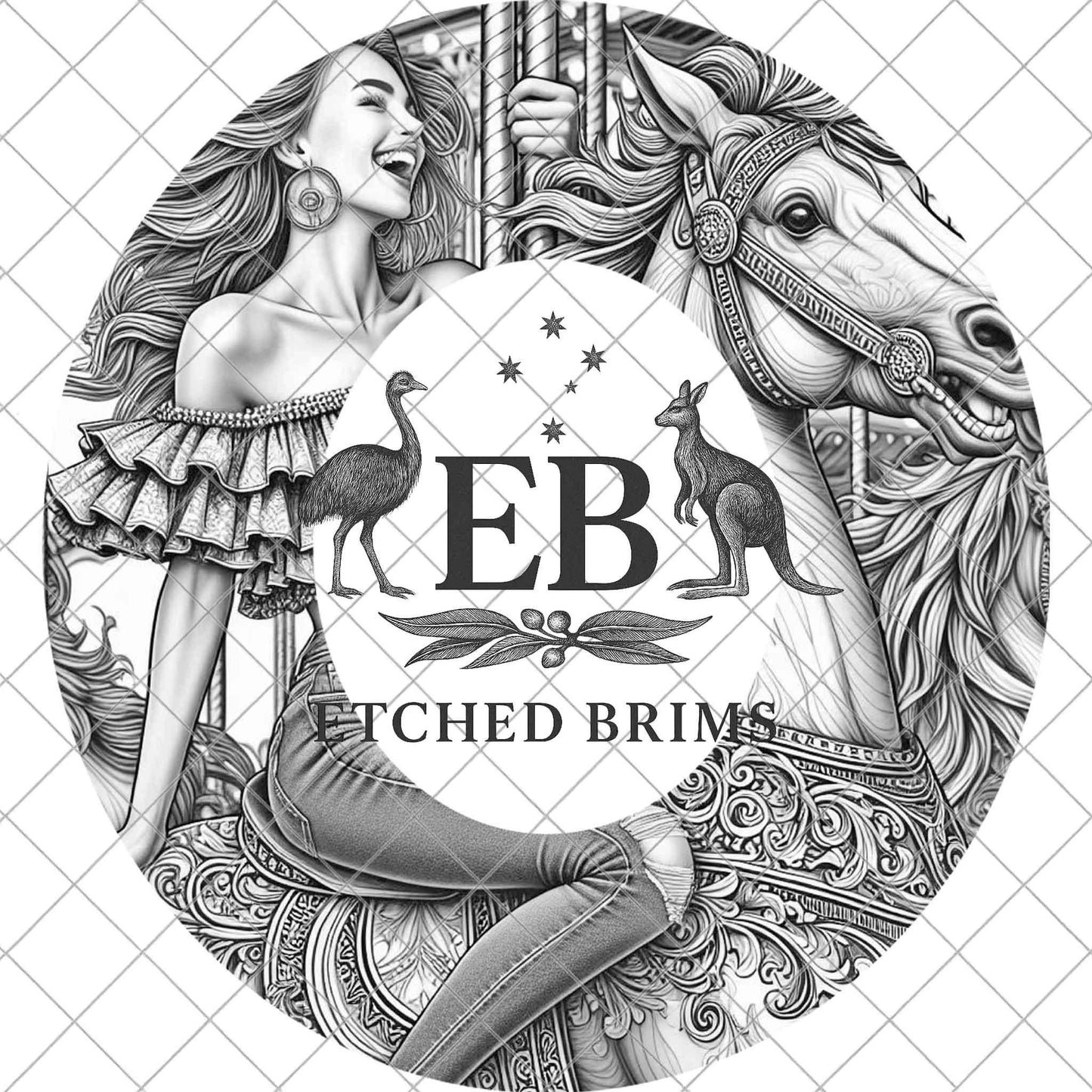 Girl on Carousel Horse Hat Burning Design, Western Laser Engraving File for Wide Brims, Whimsical Horse Ride, EB946