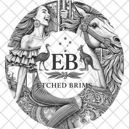 Girl on Carousel Horse Hat Burning Design, Western Laser Engraving File for Wide Brims, Whimsical Horse Ride, EB946