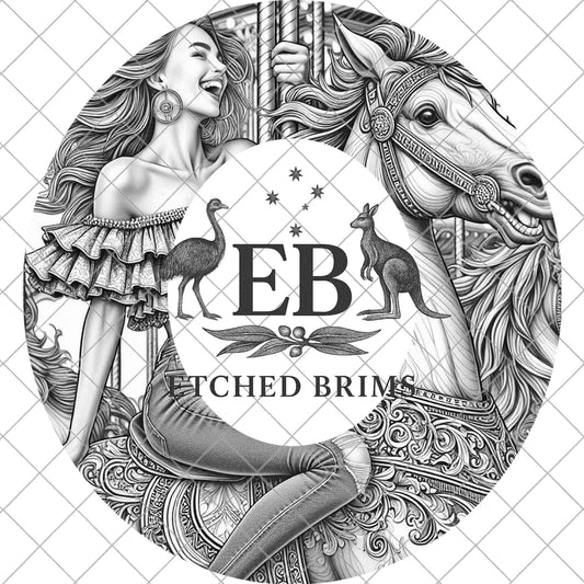 Girl on Carousel Horse Hat Burning Design, Western Laser Engraving File for Wide Brims, Whimsical Horse Ride, EB946