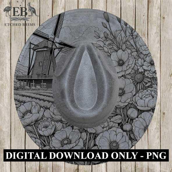 Hat Burning Design, Windmill & Wildflowers, PNG, PDF, Hat Burning Template, Cowgirl Hat, Laser Engraving, Wide Brim Hat Design, EB369