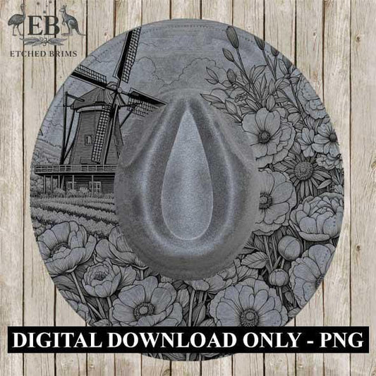 Hat Burning Design, Windmill & Wildflowers, PNG, PDF, Hat Burning Template, Cowgirl Hat, Laser Engraving, Wide Brim Hat Design, EB369