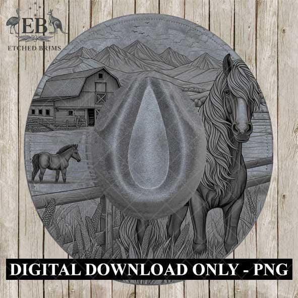 Hat Burning Design, Horse & Foal 3, Farm Design, Hat Burning Template, Cowgirl Hat, Hat Burning Stencil, Wide Brim Hat Design, EB442