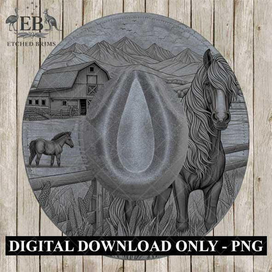 Hat Burning Design, Horse & Foal 3, Farm Design, Hat Burning Template, Cowgirl Hat, Hat Burning Stencil, Wide Brim Hat Design, EB442