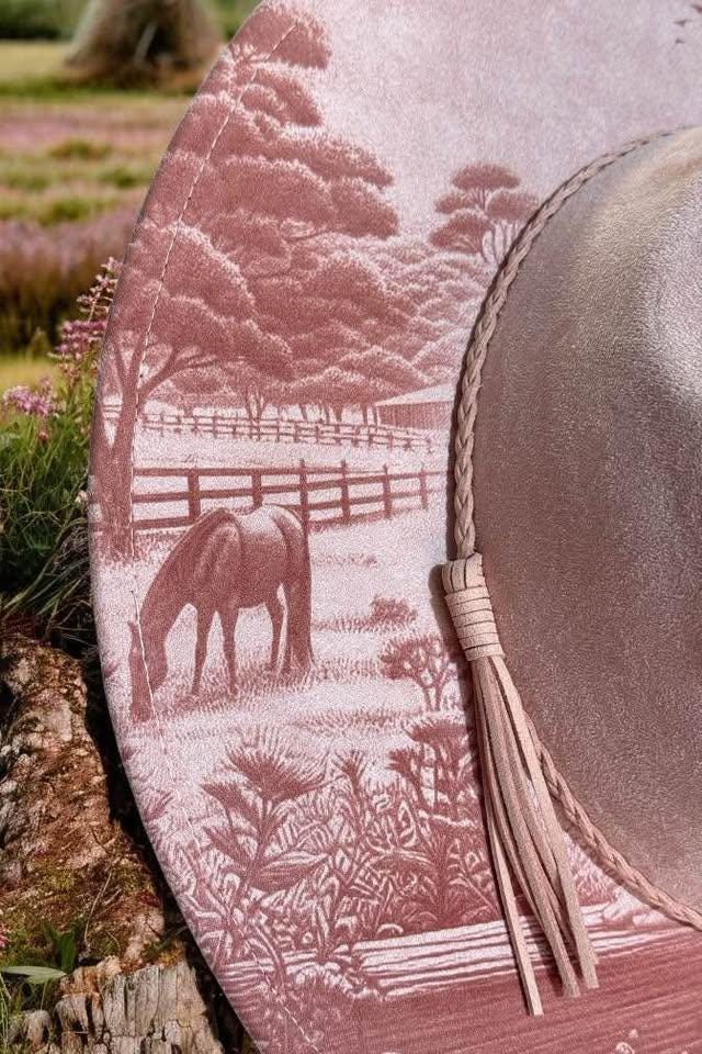 Cowgirl Dreams - Country Engraved Wide Brim Hat, Vegan Suede Fedora Hat, Laser Engraved, Cowboy Hat, Burned Fedora, Cowgirl Design