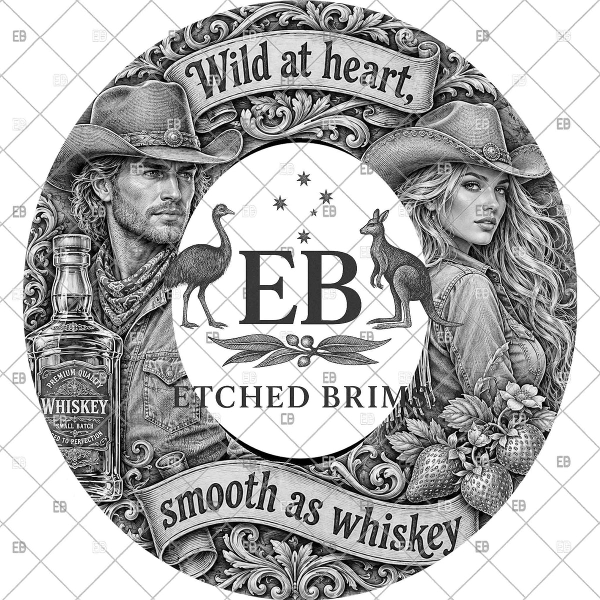 Whiskey Cowgirl and Cowboy, Hat Burning File, Wide Brim Laser Hat Engraving Design, Printable Stencil, EB1374