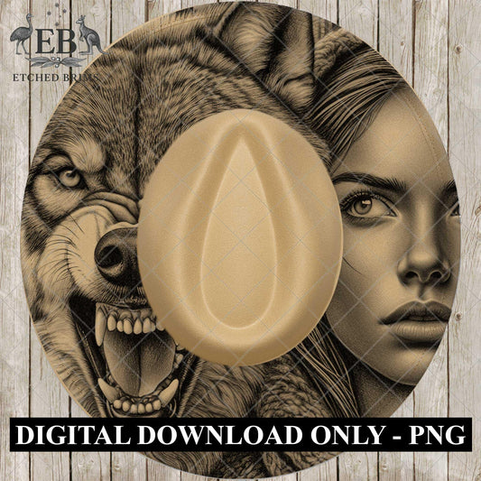 Girl & Wolf Hat Engraving Template, Wide Brim Hat Burning Design, Laser Hat Burning Design, Printable Stencil, Pyrography Art, EB829