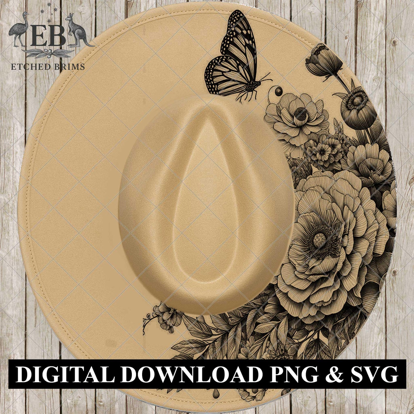 Flowers Butterfly Half Hat Burning Design, Engraving Template, Laser Hat Design, Wide Brim Hat, Stencil for Hat Burning SVG & PNG, EB1000