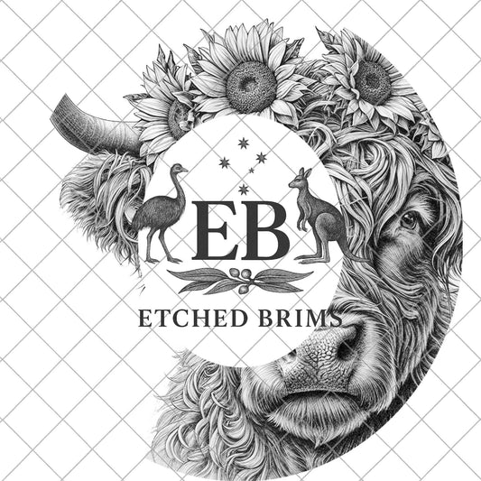 Highland Cow & Sunflowers, Hat Burning Design, Hat Engraving Template, Laser Hat Design, Wide Brim Hat Design, PNG, EB859