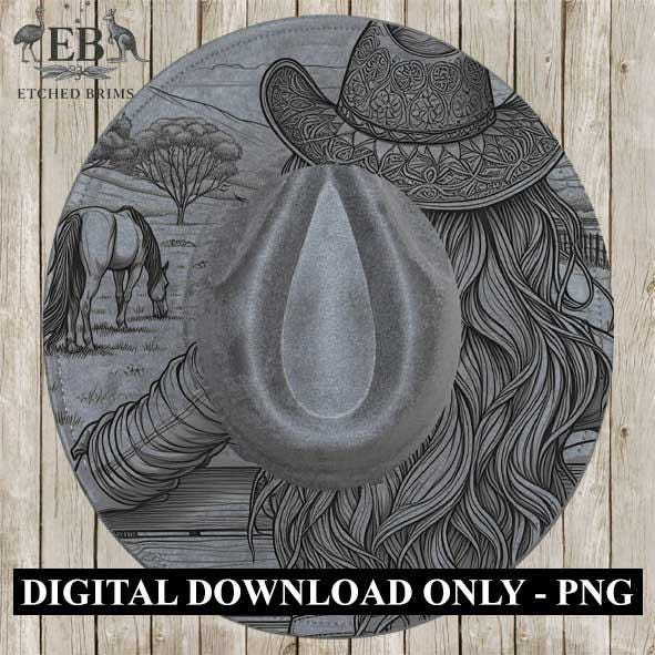 Cowgirl 2 Hat Engraving – Hat Engraving PNG Template – Digital Laser Burn Design for Wide Brim Faux Suede Hats - Laser Hat Burning File EB56