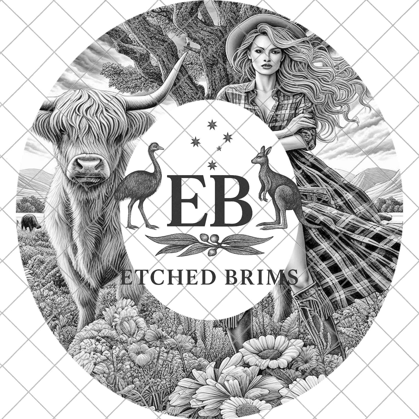 Highland Cow and Cowgirl, Hat Burning Design (Digital Download), Wide Brim Hat, EB1093