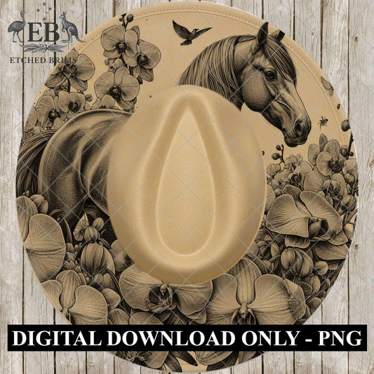 Horse & Orchid Flowers, Hat Burning Template for Wide Brim Hats. PNG for Laser Engraving and PDF Burning Stencil for Hand Burning, EB870