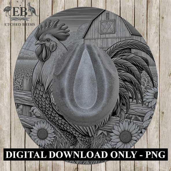 Hat Burning Design, Rooster & Sunflowers, Farm Rooster Design, Digital Download PNG, PDF, Hat Burning Template, Wide Brim Hat Design, EB194