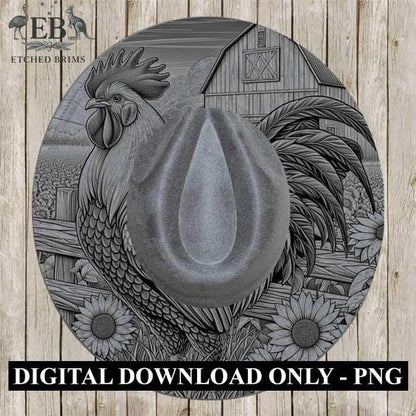Hat Burning Design, Rooster & Sunflowers, Farm Rooster Design, Digital Download PNG, PDF, Hat Burning Template, Wide Brim Hat Design, EB194