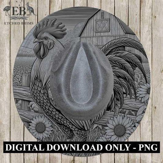 Hat Burning Design, Rooster & Sunflowers, Farm Rooster Design, Digital Download PNG, PDF, Hat Burning Template, Wide Brim Hat Design, EB194