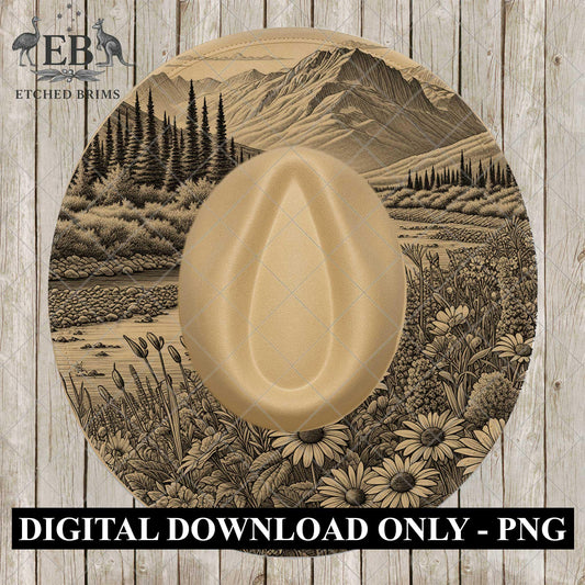 Mountain Wildflower Hat Engraving Template | Nature Laser Burning File | Scenic Landscape Design, EB1059