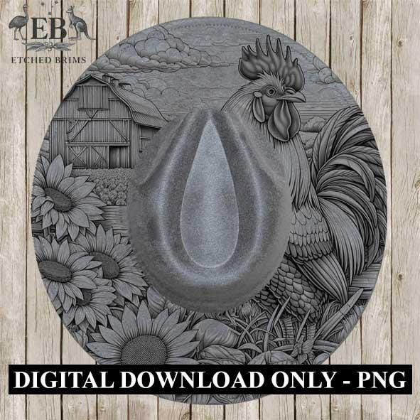 Rooster & Sunflowers 2, Farm Rooster Design, Laser Hat Burning Design, Digital Download PNG, Hat Burning Template, Wide Brim Hat File, EB193