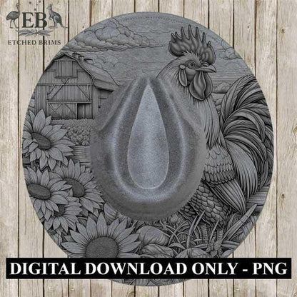 Rooster & Sunflowers 2, Farm Rooster Design, Laser Hat Burning Design, Digital Download PNG, Hat Burning Template, Wide Brim Hat File, EB193