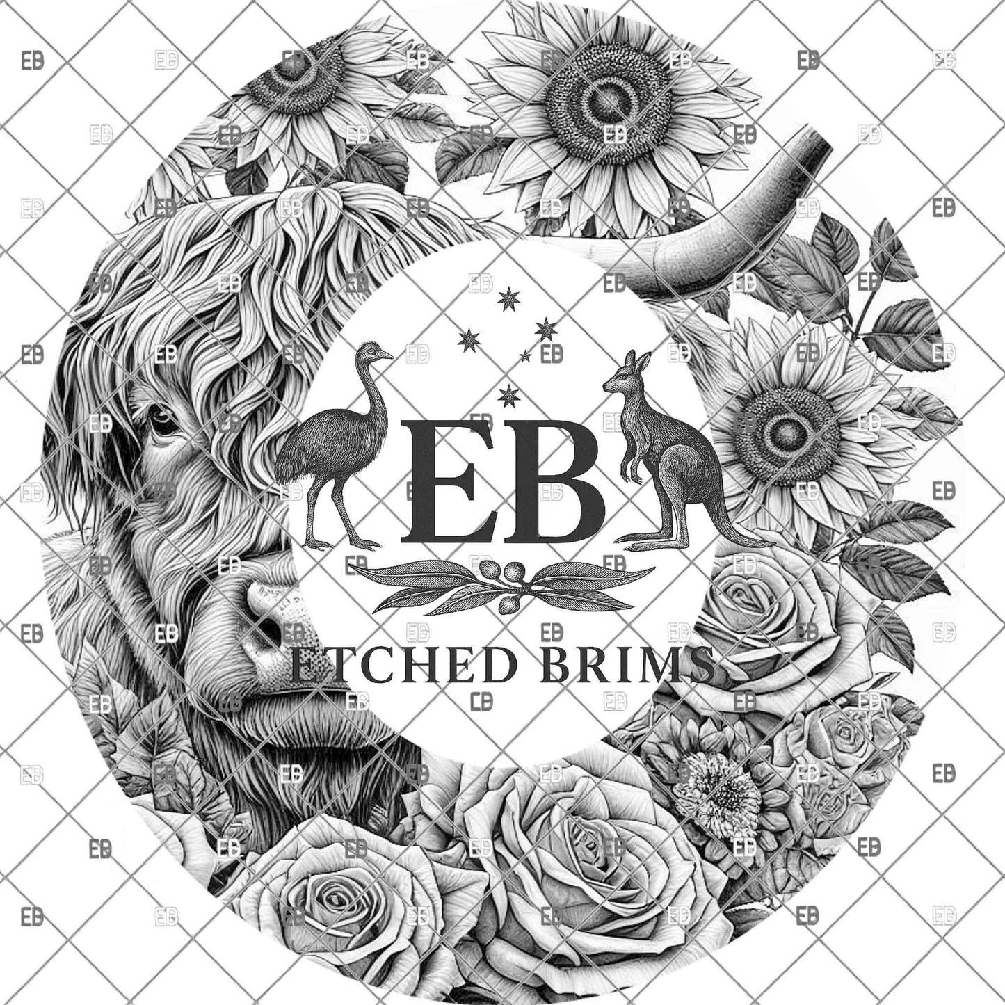 Highland Cow, Hat Burning Design, Rose and Sunflowers Floral, Laser Engraving, Wide Brim Cowboy Hat, EB1137