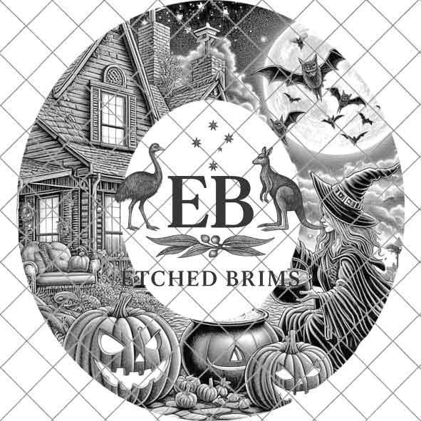 Halloween Hat Template, Witch, Pumpkin, Haunted House, Spooky Season, PNG, Hat Burning Stencil, Hat Burning Design, Engraving Pattern, EB428