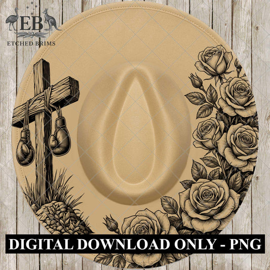 Cross & Roses Hat Burning Design, Laser Hand Engraving Wide Brim Fedora, PNG PDF, EB1087