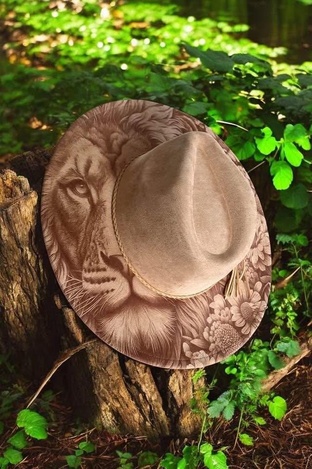 Lion & Blooms - Engraved Lion and Floral Wide Brim Hat, Vegan Suede Fedora Hat, Laser Engraved, Cowboy Hat, Burned Fedora