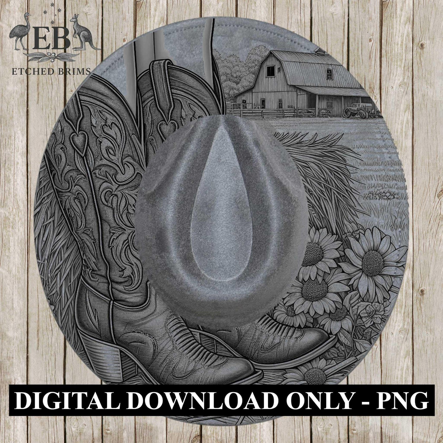 Cowgirl Boots & Sunflowers 4 Hat Burning Design, Western Brim PNG PDF Template, Digital Laser Design, Wide Brim Faux Suede Hat, EB628