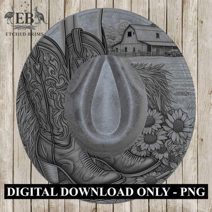 Cowgirl Boots & Sunflowers 4 Hat Burning Design, Western Brim PNG PDF Template, Digital Laser Design, Wide Brim Faux Suede Hat, EB628